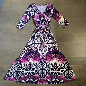 PinkBlush purple white black ikat design wrap maxi dress size small